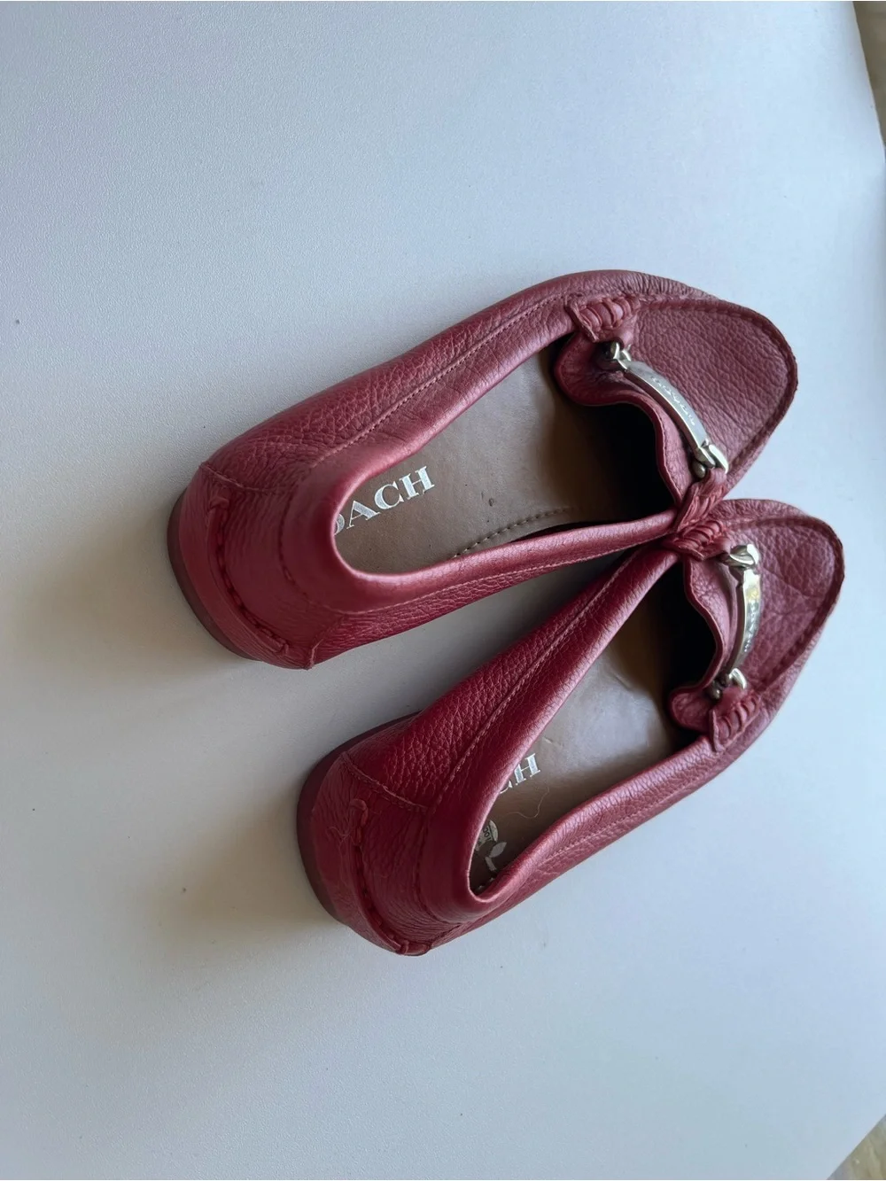 Coach Women's Pink-Red Pebbled Leather Loafers with Silver Hardware